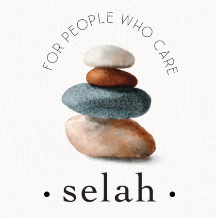 Hand painted watercolor rocks in rust, blue, tan and grey are stacked to become the logo for Selah clothing brand.