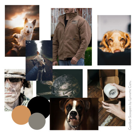 A photo collage featuring dogs and veterans along with color swatches in black, sand and grey create the mood board for veteran owned, Combat Scoopers.