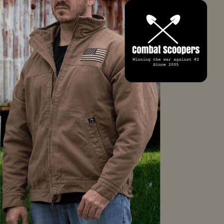 A man wearing a dark brown work coat has an American flag on its left chest the Combat scoopers logo and winning the war against #2 since 2005 is in white.