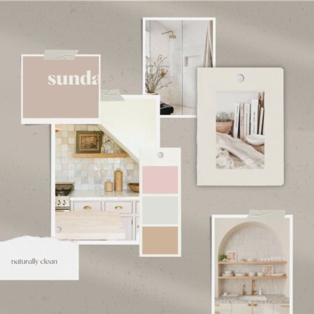 Pastel and neutral photos pinned to a wall to create a mood board for a logo design.