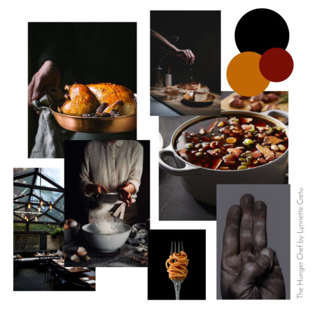 A collage of dark moody food photos are featured along with color swatches in black, pumpkin and cranberry to create a mood board for The Hunger Chef.