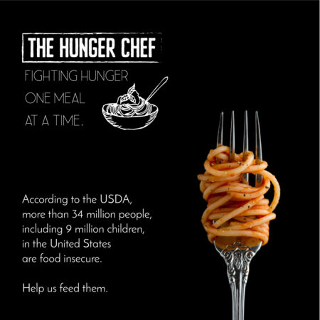 The Hunger Chef new logo in white is on a black square with a fork covered in wrapped spaghetti and statistics about hunger in America.