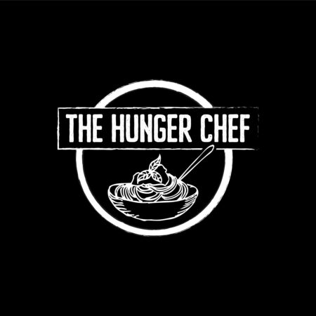 The Hunger Chef new logo with a bowl of spaghetti illustration is in white on a black square.
