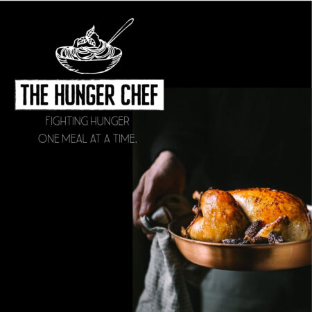 A black square featuresThe Hunger Chef alternate logo in white and there is a person holding a roasted chicken in a copper pan.